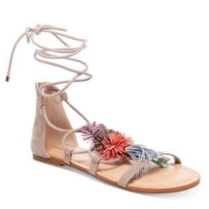 Madden Girl Sofun Lace-Up Gladiator Faux Raffia PomPom Tassel Sandals size 8.5